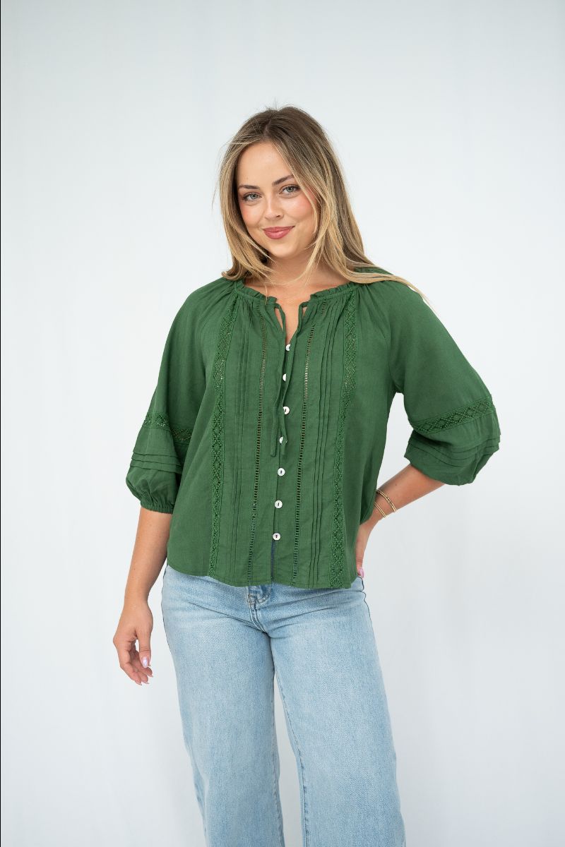 Linen Blend Lace Detail Top
